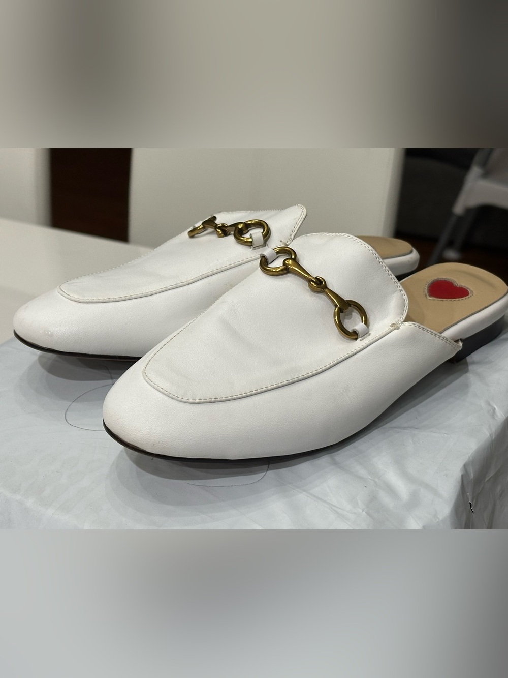 White Leather Horsebit Mule Slides - Gucci-style